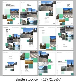 A4 brochure layout of covers design templates for flyer leaflet, A4 format brochure design, report, magazine, book design. Geometric green color abstract background with photos, consisting of squares.