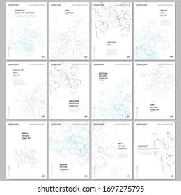 Diseño de folletos A4 de las plantillas de diseño para volante, diseño de folletos en formato A4, informe, portada de revista, diseño de libros. Estructura de moléculas hexagonales para conceptos médicos, químicos, científicos.