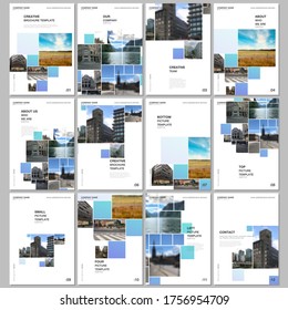 A4 brochure layout of covers design templates for flyer leaflet, A4 format brochure design, report, magazine, book design. Geometric blue color abstract background with photos, consisting of squares.