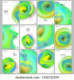 A4 brochure layout of covers design templates for flyer leaflet, A4 brochure design, report, presentation, magazine cover, book design. Colorful gradient fluid backgrounds with dynamic liquid forms.