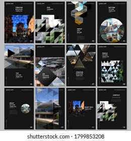 A4 brochure layout of covers design template with triangles, triangular pattern for flyer leaflet, A4 brochure design, report, presentation, magazine cover, book design.Background with place for photo