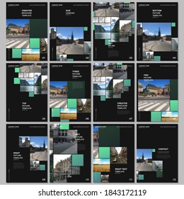 A4 brochure layout of covers design templates for flyer leaflet, A4 format brochure design, report, magazine, book design. Geometric green color abstract background with photos, consisting of squares.