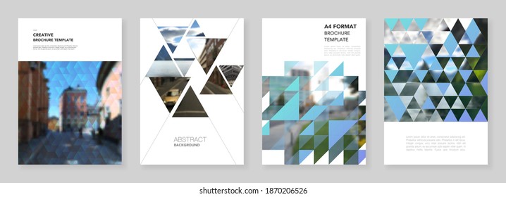 A4 brochure layout of covers design template with triangles, triangular pattern for flyer leaflet, A4 brochure design, report, presentation, magazine cover, book design.Background with place for photo