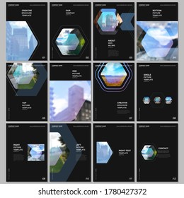 Diseño de folletos A4 de plantillas de carátulas para volantes, diseño de folletos en formato A4, informe, presentación, portada de revista, diseño de libros. Antecedentes del concepto de negocio de la identidad corporativa con hexágonos.