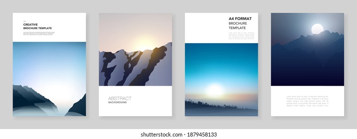 A4 brochure layout of covers templates for flyer leaflet, A4 brochure design, presentation, magazine, book. Fog, sunrise in morning and sunset in evening. Nature landscape backgrounds with mountains.