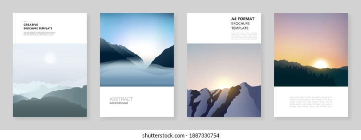 A4 Brochure Layout Of Covers Templates For Flyer Leaflet, A4 Brochure Design, Presentation, Magazine, Book. Fog, Sunrise In Morning And Sunset In Evening. Nature Landscape Backgrounds With Mountains.