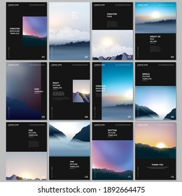 A4 brochure layout of covers templates for flyer leaflet, A4 brochure design, presentation, magazine, book. Fog, sunrise in morning and sunset in evening. Nature landscape backgrounds with mountains.