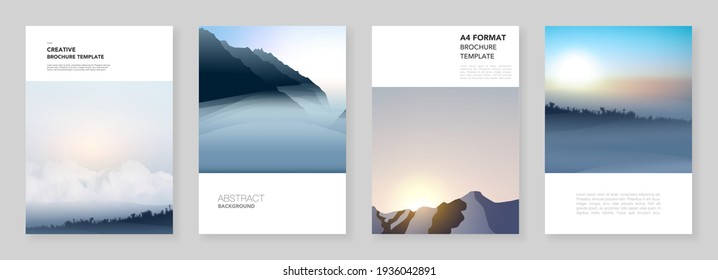 A4 brochure layout of covers templates for flyer leaflet, A4 brochure design, presentation, magazine, book. Fog, sunrise in morning and sunset in evening. Nature landscape backgrounds with mountains.