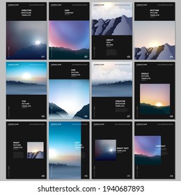 A4 brochure layout of covers templates for flyer leaflet, A4 brochure design, presentation, magazine, book. Fog, sunrise in morning and sunset in evening. Nature landscape backgrounds with mountains.