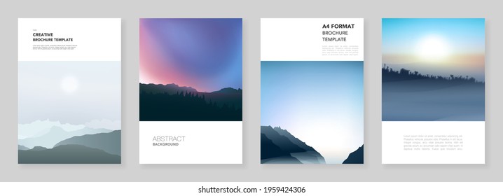 A4 brochure layout of covers templates for flyer leaflet, A4 brochure design, presentation, magazine, book. Fog, sunrise in morning and sunset in evening. Nature landscape backgrounds with mountains.