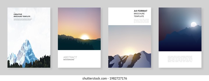 A4 brochure layout of covers templates for flyer leaflet, A4 brochure design, presentation, magazine, book. Fog, sunrise in morning and sunset in evening. Nature landscape backgrounds with mountains.