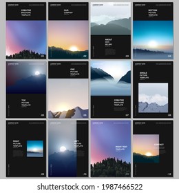 A4 brochure layout of covers templates for flyer leaflet, A4 brochure design, presentation, magazine, book. Fog, sunrise in morning and sunset in evening. Nature landscape backgrounds with mountains.