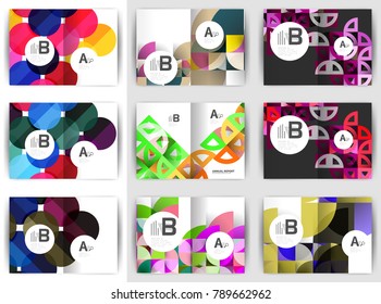 A4 brochure templates, geometric design, set of backgrounds. Vector illustration