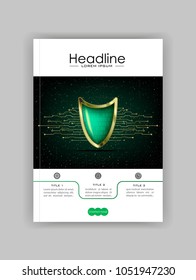 A4 Business Technology Book Cover Design Template. Green shield numbers.  Good for Portfolio, Annual Report, Magazine, Journal, Website, Poster, Monograph, Corporate Presentation, Conference. Vector