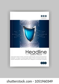 A4 Business Technology Book Cover Design Template. Silver blue shield. Good for Portfolio,  Annual Report, Magazine, Journal, Website, Poster, Monograph, Corporate Presentation, Conference. Vector