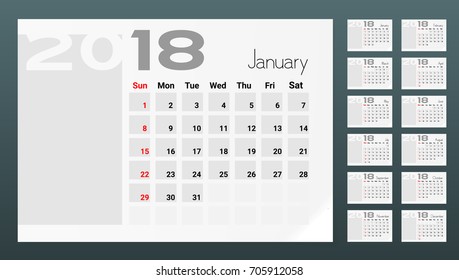 A4 Calendar Of 2018 Year Planner Design Template. EPS10 Vector