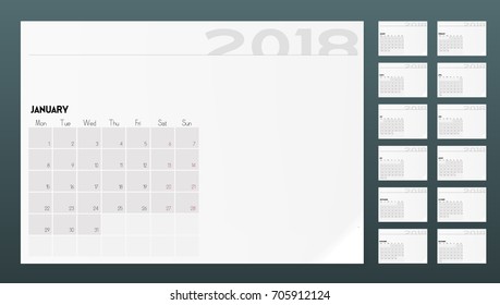 A4 Calendar Of 2018 Year Planner Design Template. EPS10 Vector