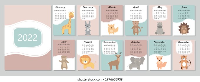 A4 calendar for 2022. Cute cartoon animals. Cover for 12 monthly pages. The week starts on Sunday. Vector illustration.