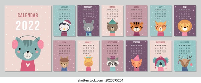 A4 calendar for 2022. Cute cartoon animals. Cover for 12 monthly pages. The week starts on Sunday. Vector illustration.