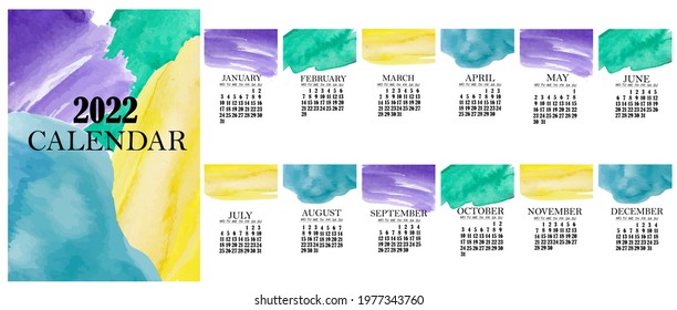 A4 calendar 2022, fashionable abstract figures. Cover art and 12 monthly pages. The week starts on Monday, bright colors, abstract spots of watercolors. Planner 2022 format A3, A5, vector watercolor