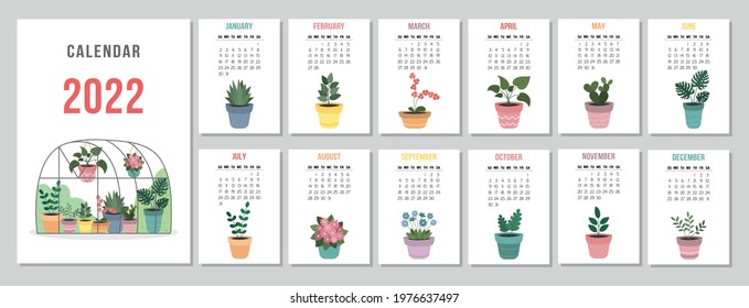 A4 calendar for 2022. Potted houseplants. Cover for 12 monthly pages. The week starts on Sunday. Vector illustration.