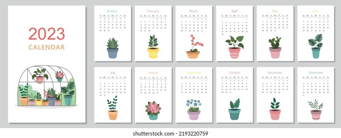 A4 calendar for 2023. Cute houseplants. A set of pages for 12 months of 2023. Vector illustration. The week starts on Sunday.