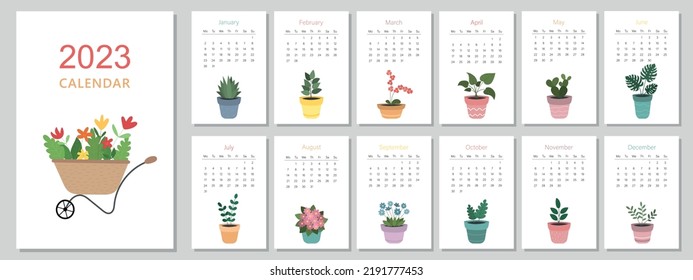 A4 calendar for 2023. Cute potted flowers. A set of pages for 12 months of 2023. Vector illustration. The week starts on Monday.