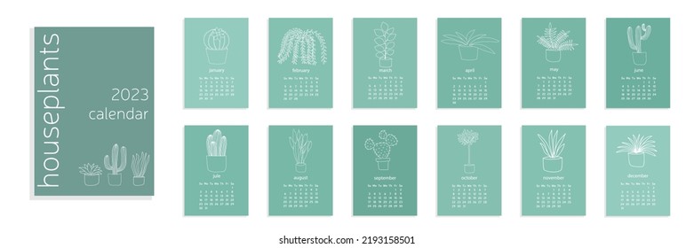 A4 calendar for 2023. Cute potted flowers. A set of pages for 12 months of 2023. Vector illustration. The week starts on Monday.