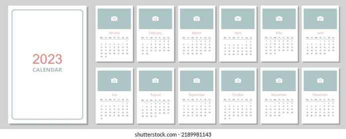 A4 calendar for 2023. A place for a photo. A set of pages for 12 months of 2023. Vector illustration. The week starts on Monday.