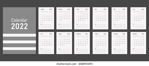 Calendario A4 o planificador 2022 estilo minimalista de moda. Portada y 12 páginas mensuales. La semana comienza el domingo. En tonos grises y blancos. Plantilla con cubierta de tamaño A4 A3 A2 A5