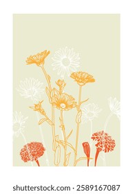 A4 calendula and marigold illustration. Vector graphic asset for print projects with hand drawn autumn flowers. Dia de los Muertos botanical highly detailed and quality flower print.