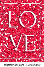 A4 card design for Valentine's Day, February 14. Scattered red rose petals and word "Love". Vector illustration for card, postcard, banner, cover, poster.