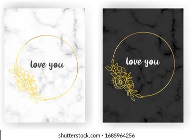 A4 Card Set with, white and black marble and gold lines. Luxury template with text place for wedding invite, greeting, birthday card and covers.