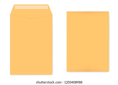 A4 catalog envelope with self adhesive seal, mockup. Empty kraft document case isolated on white background, vector template