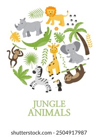 Afiche infantil A4. Animales y plantas de la selva en un círculo. Ilustración vectorial en un estilo plano.