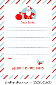 A4 Christmas letter to Santa Claus template. Decorated paper sheet with Canta character illustration and had drawn lettering