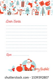 A4 Christmas letter to Santa Claus template. Decorated paper sheet with Santa character illustration and hand drawn pattern with xmas decor