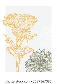 A4 chrysantemum illustration in yellow and green colors. Vector graphic asset for print projects with hand drawn autumn flowers. Dia de los Muertos botanical highly detailed and quality flower print.