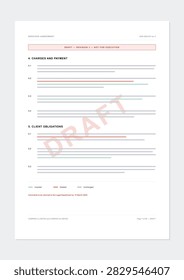 A4 contract page with a draft revision banner, a large diagonal draft watermark, green inserted and red struck through deleted bars against unchanged grey, a change legend and a comments note.