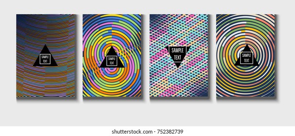 A4 cool covers set. Vector children's journal background. Corporate identity geometric halftone intersects lines, net, web. Dynamic abstract shapes music festival poster, cool ads or folder background