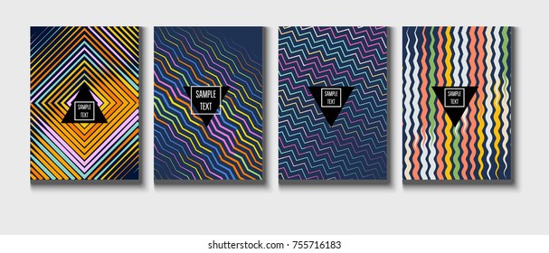 A4 cool covers set. Vector children's zigzag journal background. Corporate identity geometric halftone modern design. Dynamic abstract shapes for music festival poster, cool ads or folder background.