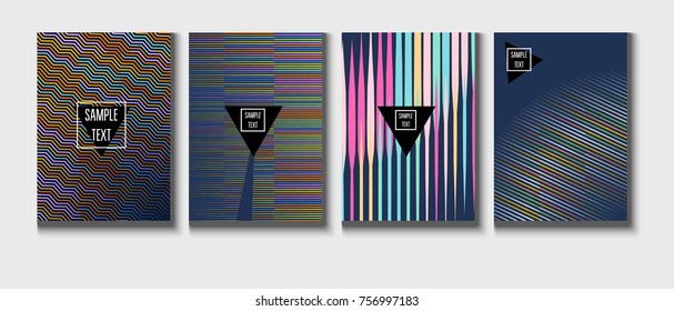 A4 cool covers set. Vector childrens journal background. Corporate identity geometric halftone intersectes lines, net, web. Dynamic abstract shapes music festival poster, cool ads or folder background
