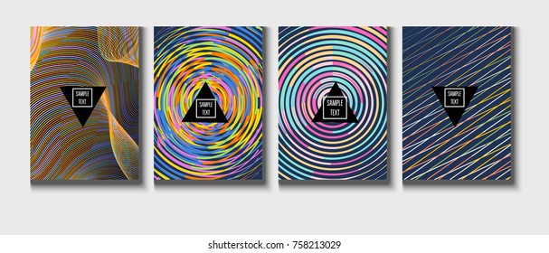 A4 cool covers set. Vector childrens journal background. Corporate identity geometric halftone intersectes lines, net, web. Dynamic abstract shapes music festival poster, cool ads or folder background