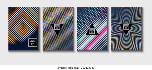 A4 cool covers set. Vector childrens journal background. Corporate identity geometric halftone intersectes lines, net, web. Dynamic abstract shapes music festival poster, cool ads or folder background