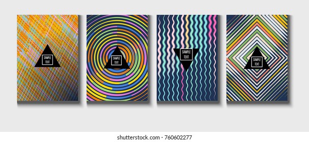 A4 cool covers set. Vector childrens bright journal background. Corporate identity geometric halftone modern design. Dynamic intersected lines for music festival poster, cool ads or folder background.