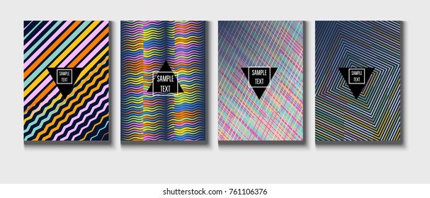 A4 cool covers set. Vector childrens journal background. Corporate identity geometric halftone intersectes lines, net, web. Dynamic abstract shapes music festival poster, cool ads or folder background