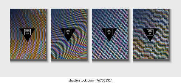 A4 cool covers set. Vector childrens journal background. Corporate identity geometric halftone intersectes lines, net, web. Dynamic abstract shapes music festival poster, cool ads or folder background