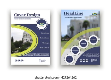 A4 cover book design. Blue circle. Geometric shapes. Examples image, logo. Modern. Annual report. Poster. Vector Illustration. Abstract composition. Creative. Title sheet. Brochure template layout. 