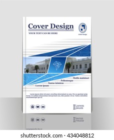 A4 cover book design. Blue geometric shapes. Examples image, logo. Modern. Annual report. Poster. Vector Illustration. Abstract composition. Creative. Title sheet. Brochure template layout. Leaflet. 