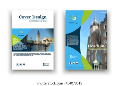 A4 cover book design. Blue, green geometric shapes. Examples image, logo. Modern. Annual report. Poster. Vector Illustration. Abstract composition. Creative. Title sheet. Brochure template layout. 